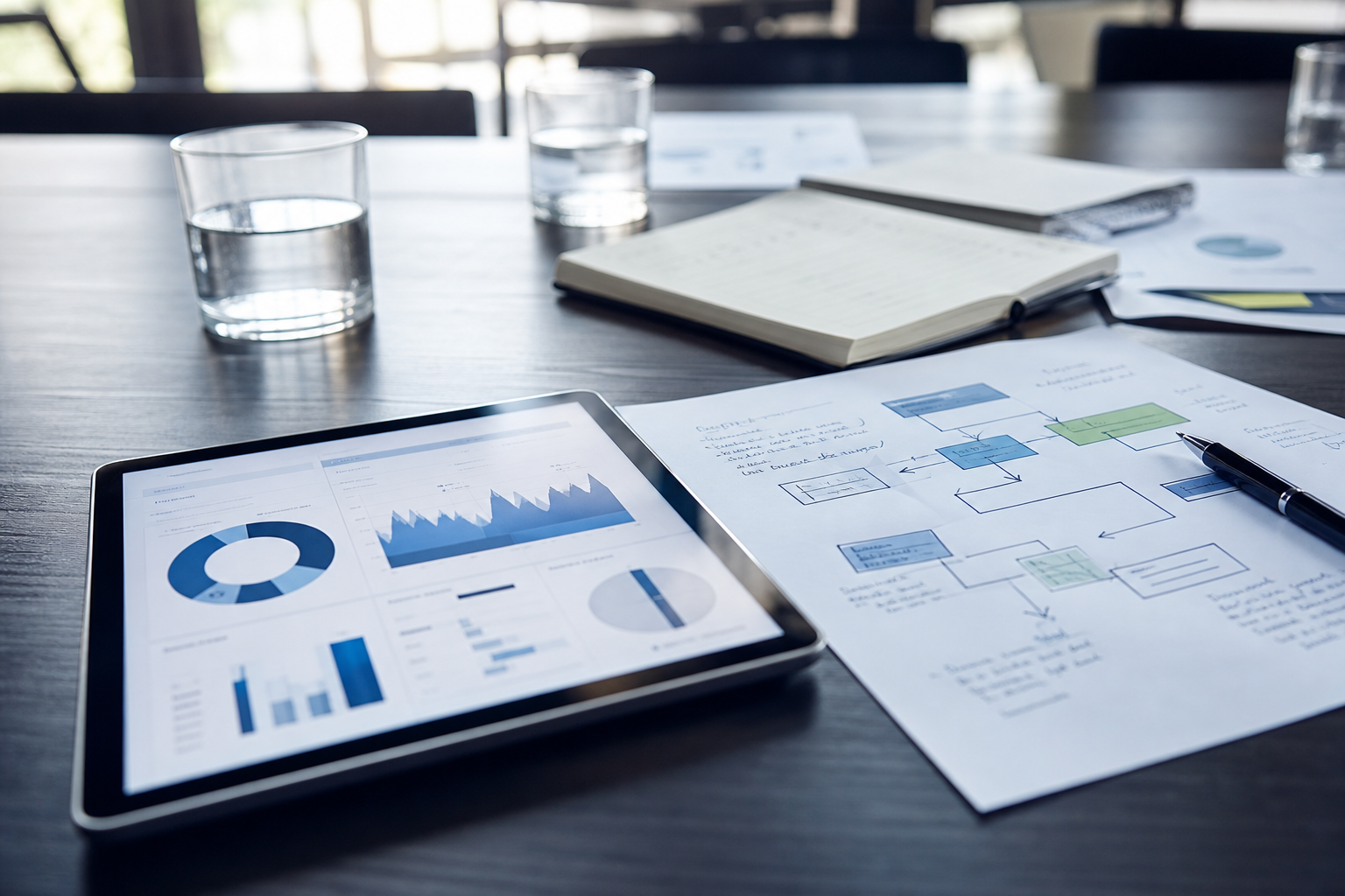 Tablet dashboard and planning notes on a conference table