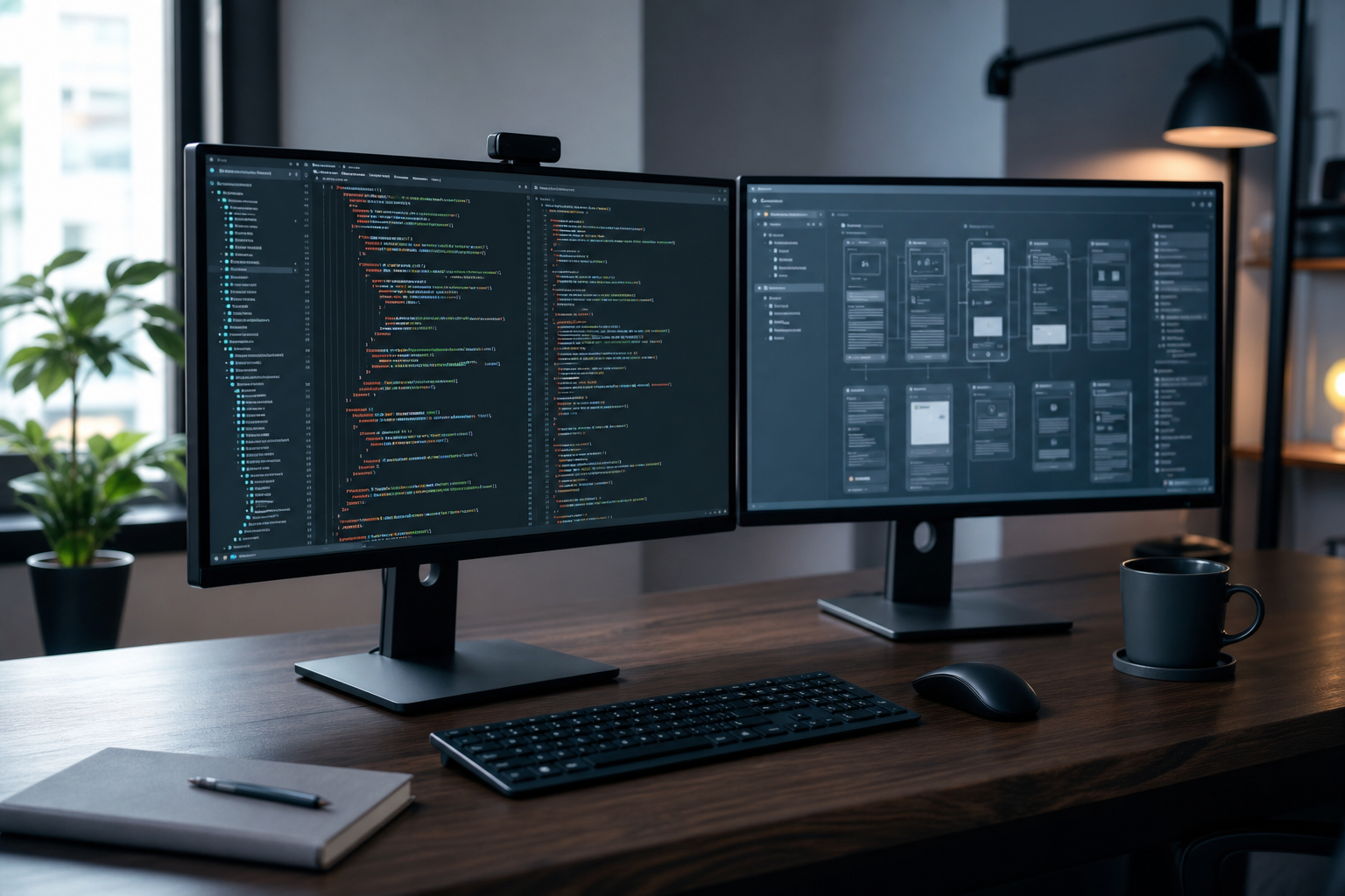 Developer workstation with dual monitors showing code and interface design