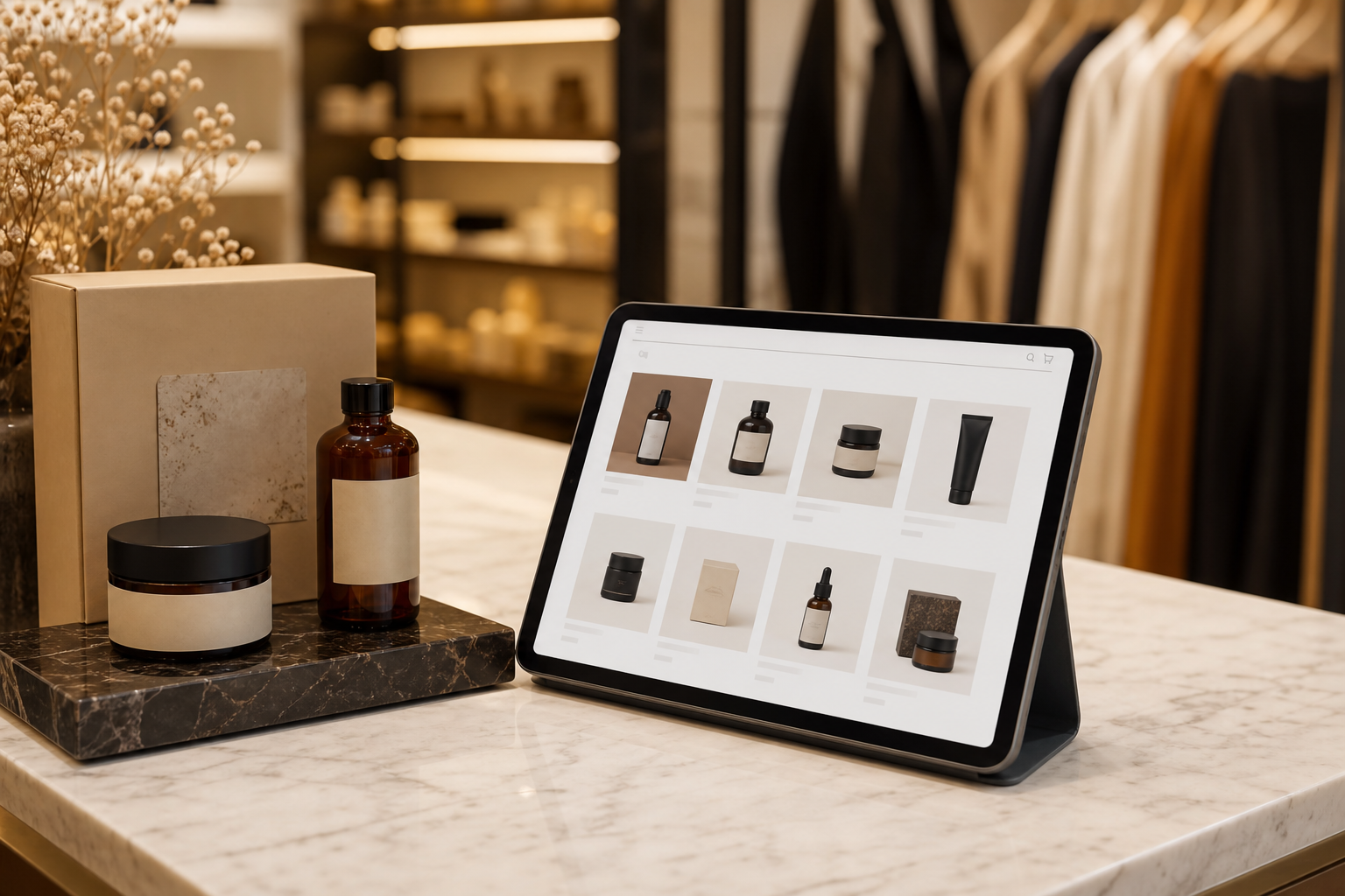 Tablet showing an online shop beside product packaging on a retail counter