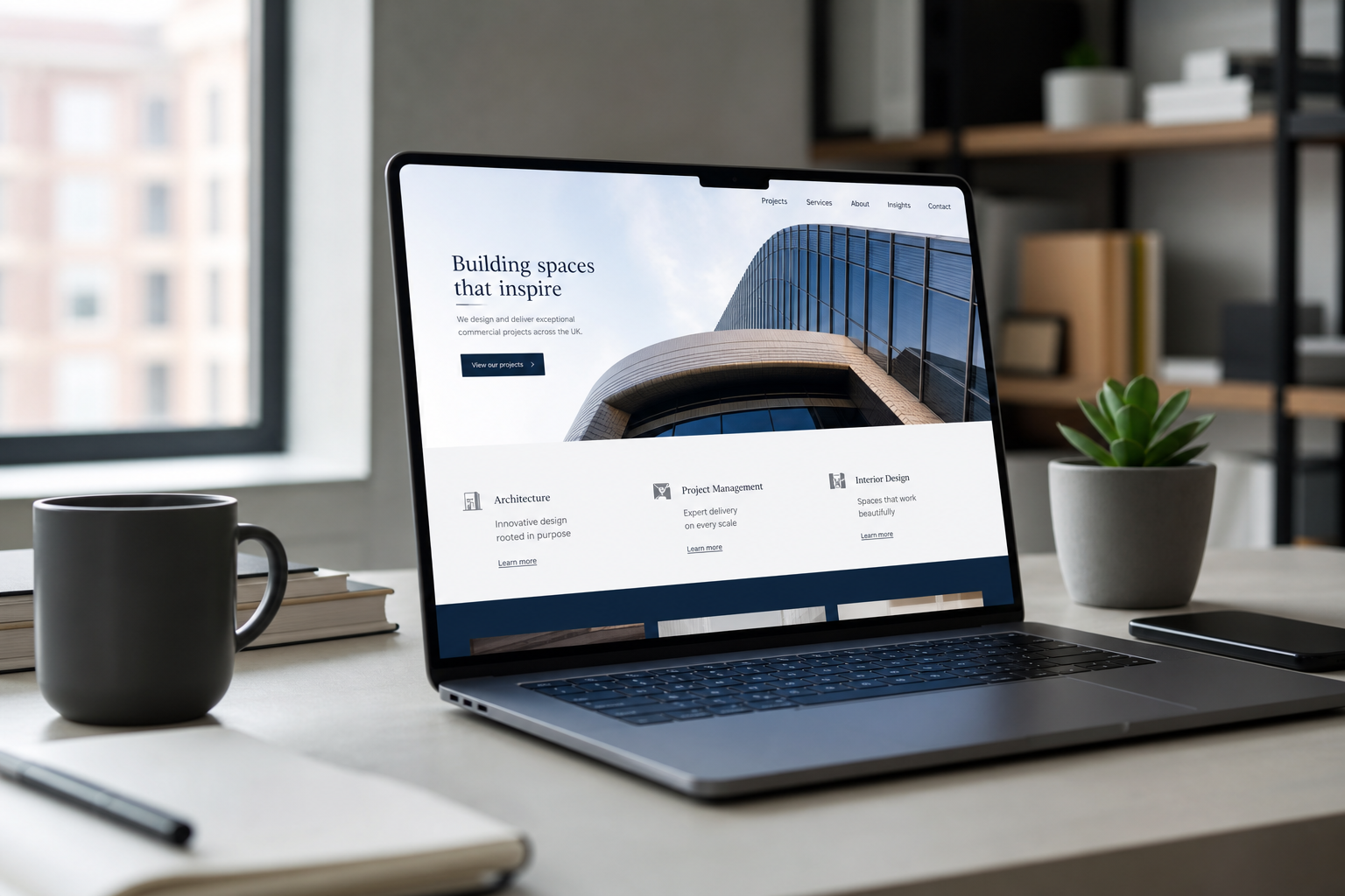 Laptop on a desk showing a polished business website